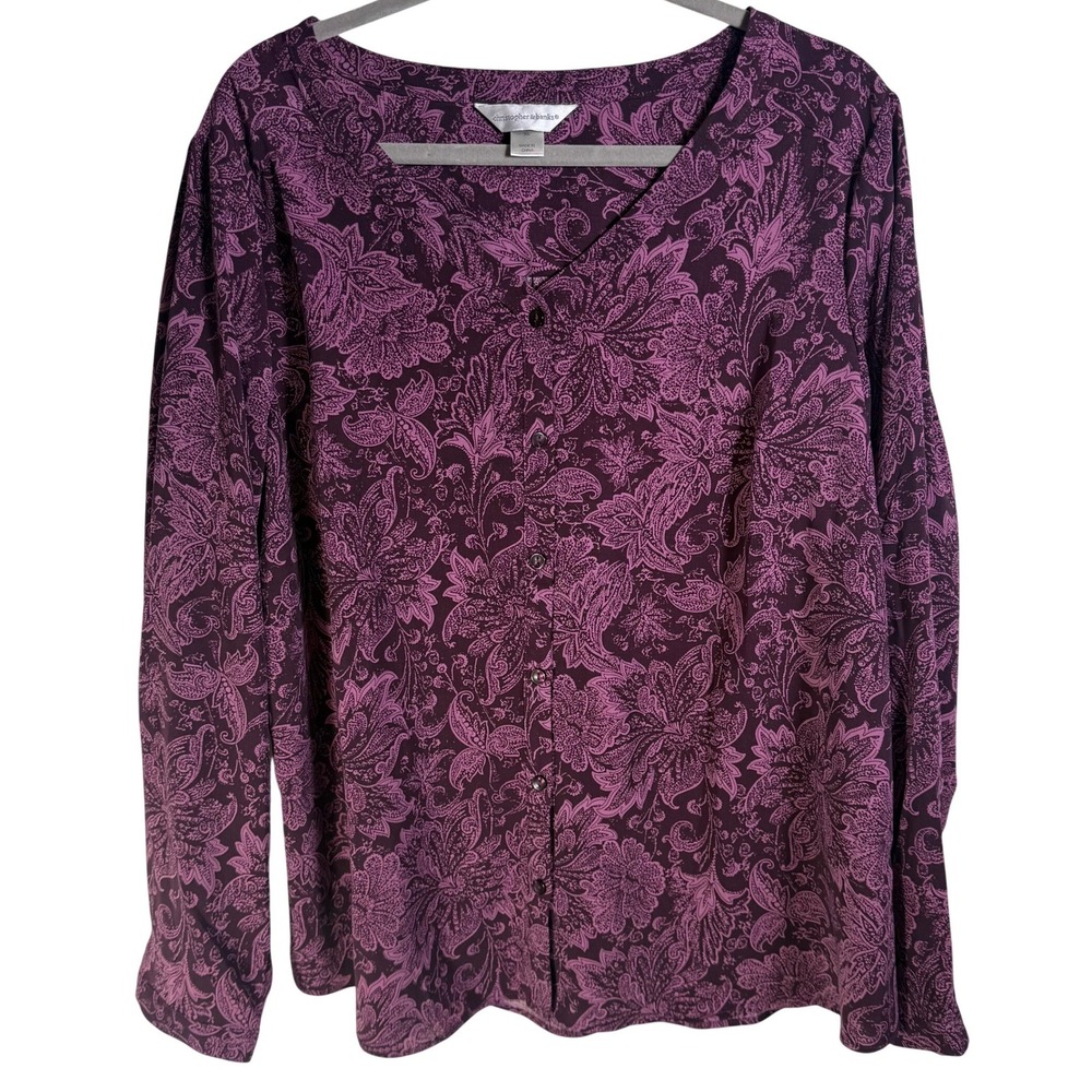 Christopher & Banks Womens XL Purple Paisley Floral V-Neck Button Down Blouse